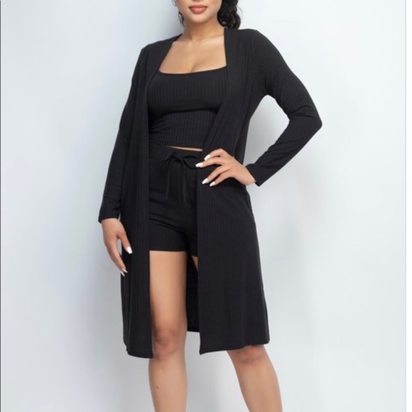 Black Long Sleeve Ribbed Cardigan Camisole Top & High Rise Short 3-Piece Set - Picture 1 of 8